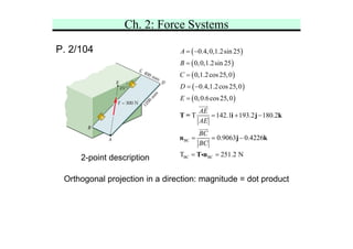 Ch. 2: Force Systems
P. 2/104 ( )
( )
( )
( )
( )
BC
BC BC
0.4,0,1.2sin 25
0,0,1.2sin 25
0,1.2cos25,0
0.4,1.2cos25,0
0,0.6cos25,0
T 142.1 193.2 180.2
0.9063 0.4226
T 251.2 N
A
B
C
D
E
AE
AE
BC
BC
= −
=
=
= −
=
= + −
= = −
= =
T = i j k
n j k
T n
i
Orthogonal projection in a direction: magnitude = dot product
2-point description
 