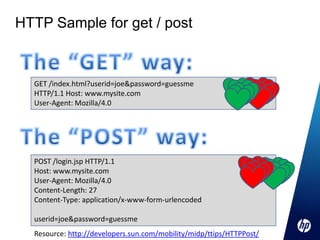 HTTP Sample for get / post


  GET /index.html?userid=joe&password=guessme
  HTTP/1.1 Host: www.mysite.com
  User-Agent: Mozilla/4.0




  POST /login.jsp HTTP/1.1
  Host: www.mysite.com
  User-Agent: Mozilla/4.0
  Content-Length: 27
  Content-Type: application/x-www-form-urlencoded

  userid=joe&password=guessme
  Resource: http://developers.sun.com/mobility/midp/ttips/HTTPPost/
 
