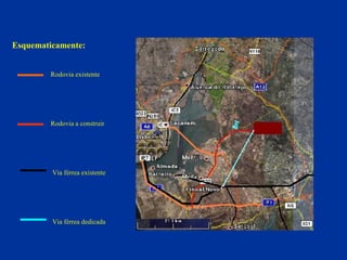 Esquematicamente: Rodovia existente Rodovia a construir Via férrea existente Via férrea dedicada 
