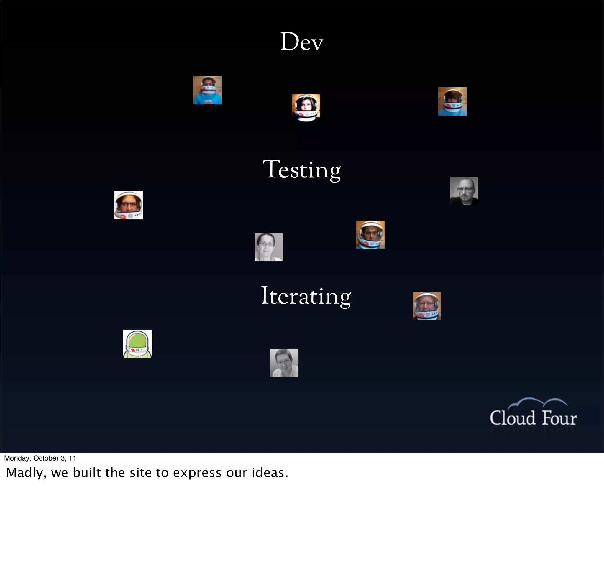 Dev




                                         Testing




                                         Iterating




Monday, October 3, 11

Madly, we built the site to express our ideas.
 