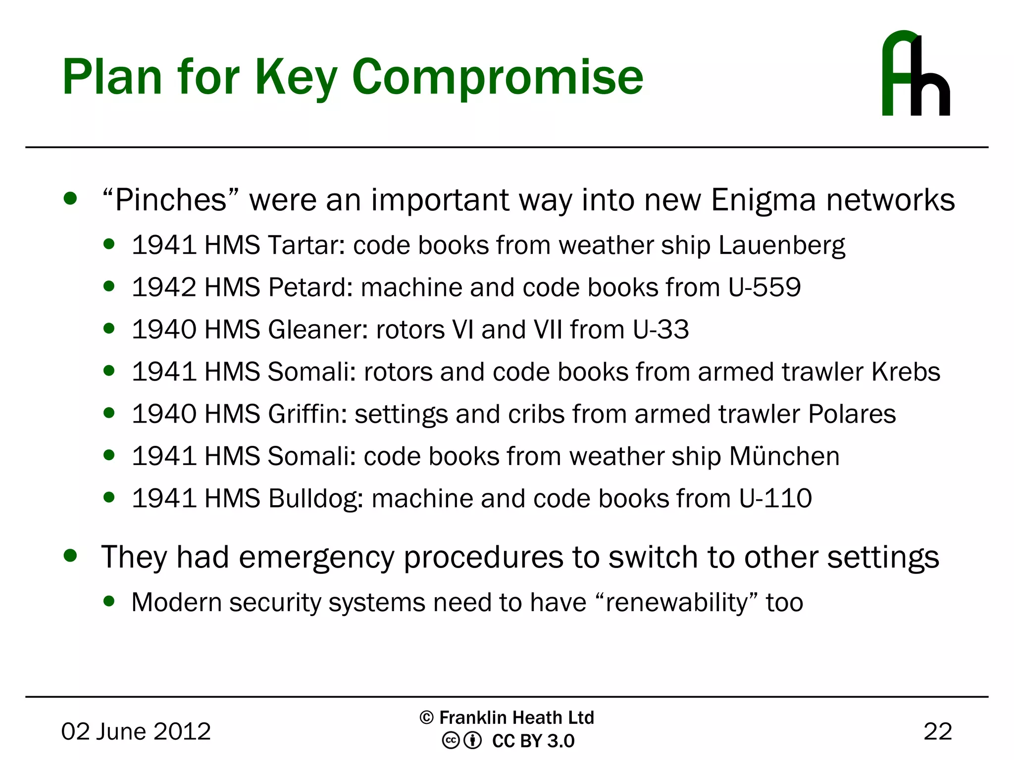 Plan for Key Compromise

 “Pinches” were an important way into new Enigma networks
      1941 HMS Tartar: code books from weather ship Lauenberg
      1942 HMS Petard: machine and code books from U-559
      1940 HMS Gleaner: rotors VI and VII from U-33
      1941 HMS Somali: rotors and code books from armed trawler Krebs
      1940 HMS Griffin: settings and cribs from armed trawler Polares
      1941 HMS Somali: code books from weather ship München
      1941 HMS Bulldog: machine and code books from U-110

 They had emergency procedures to switch to other settings
    Modern security systems need to have “renewability” too


                             © Franklin Heath Ltd
02 June 2012                         CC BY 3.0                      22
 
