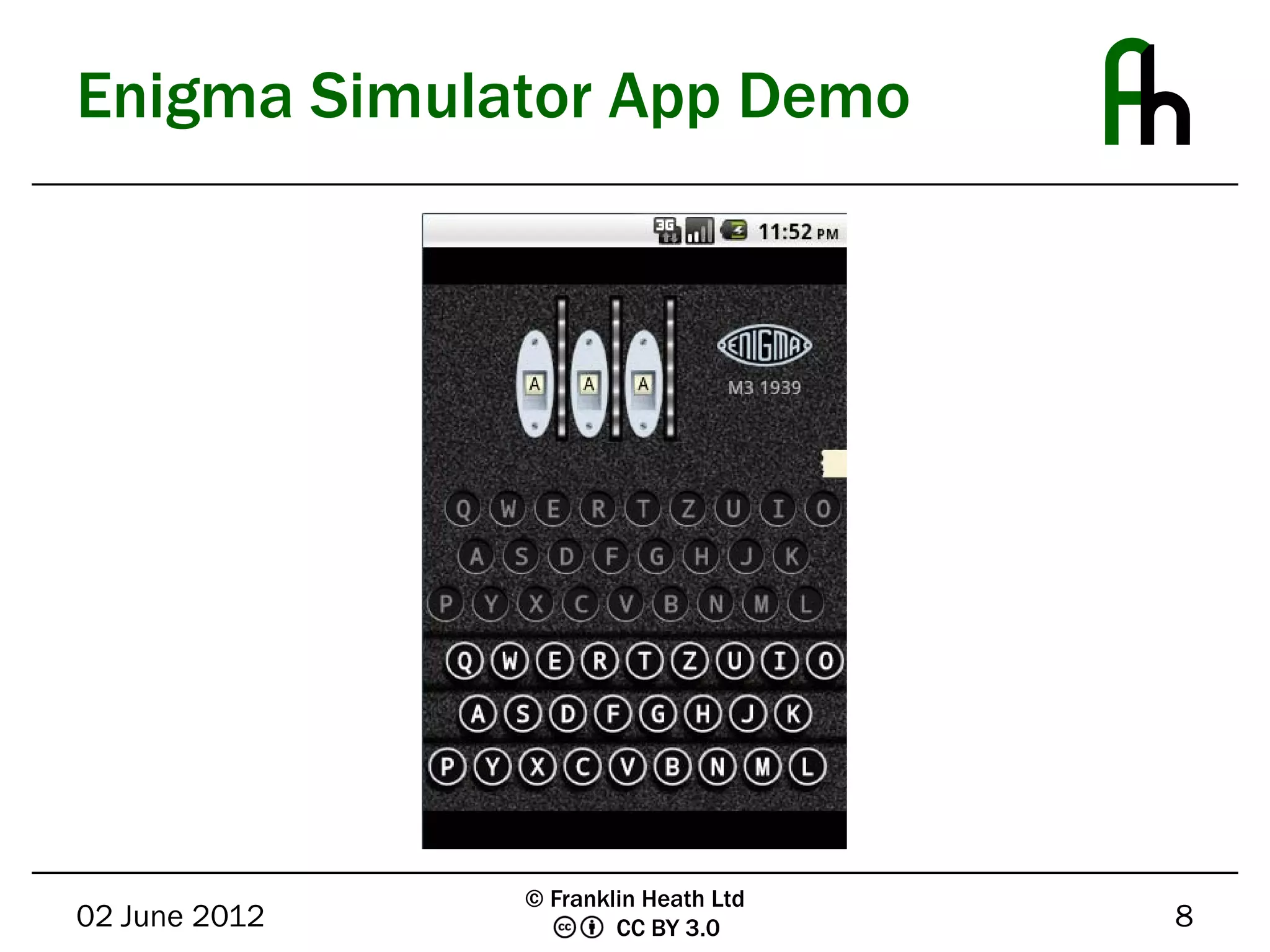 Enigma Simulator App Demo




               © Franklin Heath Ltd
02 June 2012           CC BY 3.0      8
 