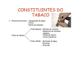 CONSTITUINTES DO
TABACO
Factores externos: - Composição do papel;
- Filtro;
- Estilo do fumador.

Fumo do t b
F
d tabaco

Fase Gasosa: -Dióxido d carbono;
F
G
Dió id de
b
- Monóxido de Carbono;
- Amónia;
- Óxido de Azoto;
- Ácido Cianídrico.
Fase Sólida: - Gotículas de água
água,
- Nicotina;
- Alcatrão.

 