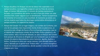 • Parque Acuático: En Araque una de las obras más esperadas es el
parque acuático. Los lugareños aseguran que los fines de semana
llegan al menos 100 personas. El número de turistas aumenta en
feriados. Los moradores del sector no ven la hora de contar con este
atractivo listo. Están seguros que se beneficiarán. Tienen la esperanza
de fomentar el turismo en esta localidad. Al momento ya existe una
red de mujeres que todos los domingos comercializa alimentos en el
parque acuático. En especial las tilapias.
• Parque del Cóndor: En un lugar mágico, a la cumbre de Curiloma, con
uno de los paisajes más imponentes de los Andes ecuatorianos, se
encuentra este refugio de fauna y flora y el parque educativo, que es
el hábitat del majestuoso cóndor de los Andes (Vultur gryphus) y de
otros buitres. Sólo a 4.5 km de Otavalo, se ubica el Parque del Cóndor.
Este parque de 30 acres es dirigido por una fundación que se dedica al
rescate de pájaros depredadores como halcones, águilas, buitres y
búhos. El parque es único por varias razones. Está ubicado sobre una
colina, llamada por la gente local "Pukara Alto", un centro energético
desde los tiempos precolombinos, donde quedan ruinas de un templo
religioso pre- Inca.
 