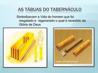 AS TÁBUAS DO TABERNÁCULO
Simbolizavam a Vida do homem que foi
resgatado e regenerado o qual é revestido da
Glória de Deus
 