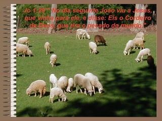 Jo 1:29 " No dia seguinte João viu a Jesus,
que vinha para ele, e disse: Eis o Cordeiro
de Deus, que tira o pecado do mundo."
 
