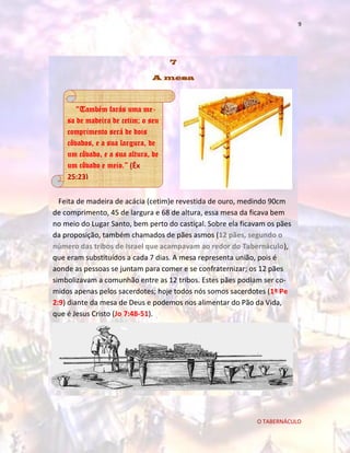 9

7
A mesa

“Também farás uma mesa de madeira de cetim; o seu
comprimento será de dois
côvados, e a sua largura, de
um côvado, e a sua altura, de
um côvado e meio.” (Êx
25:23)
Feita de madeira de acácia (cetim)e revestida de ouro, medindo 90cm
de comprimento, 45 de largura e 68 de altura, essa mesa da ficava bem
no meio do Lugar Santo, bem perto do castiçal. Sobre ela ficavam os pães
da proposição, também chamados de pães asmos (12 pães, segundo o
número das tribos de Israel que acampavam ao redor do Tabernáculo),
que eram substituídos a cada 7 dias. A mesa representa união, pois é
aonde as pessoas se juntam para comer e se confraternizar; os 12 pães
simbolizavam a comunhão entre as 12 tribos. Estes pães podiam ser comidos apenas pelos sacerdotes; hoje todos nós somos sacerdotes (1ª Pe
2:9) diante da mesa de Deus e podemos nos alimentar do Pão da Vida,
que é Jesus Cristo (Jo 7:48-51).

O TABERNÁCULO

 
