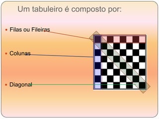 Um tabuleiro é composto por:Filas ou FileirasColunas
