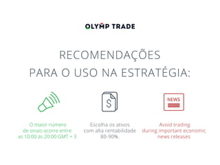 Escolha os ativos
com alta rentabilidade
80-90%.
Avoid trading
during important economic
news releases
O maior número
de sinais ocorre entre
as 10:00 às 20:00 GMT + 3
RECOMENDAÇÕES
PARA O USO NA ESTRATÉGIA:
 