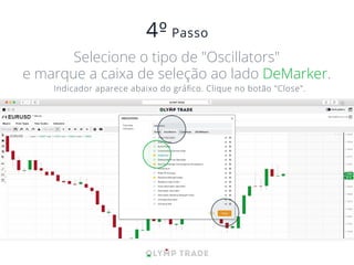   Indicador aparece abaixo do gráﬁco. Clique no botão "Close".
Selecione o tipo de "Oscillators"
e marque a caixa de seleção ao lado DeMarker.
 