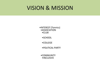 VISION & MISSION
•INTEREST (Tonnics)
•ASSOCIATION
•CLUB
•SCHOOL
•COLLEGE
•POLITICAL PARTY
•COMMUNITY
•INCLUSIVE
 