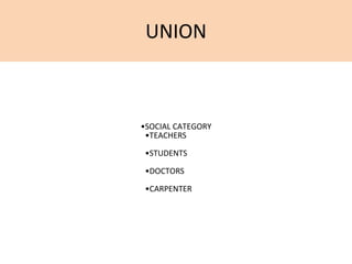 UNION
•SOCIAL CATEGORY
•TEACHERS
•STUDENTS
•DOCTORS
•CARPENTER
 