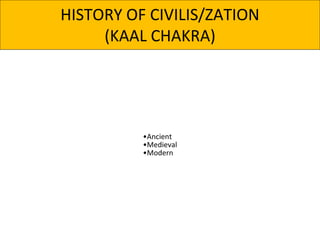 HISTORY OF CIVILIS/ZATION
(KAAL CHAKRA)
•Ancient
•Medieval
•Modern
 
