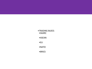 •TRADING BLOCS
•SAARC
•ASEAN
•EU
•NATO
•BRICS
 