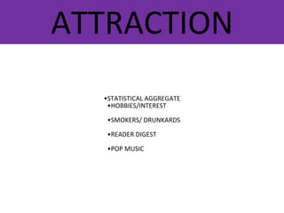 ATTRACTION
•STATISTICAL AGGREGATE
•HOBBIES/INTEREST
•SMOKERS/ DRUNKARDS
•READER DIGEST
•POP MUSIC
 