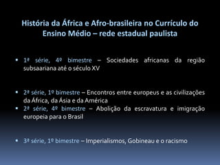 História da África e Afro-brasileira no Currículo do
Ensino Médio – rede estadual paulista
 1ª série, 4º bimestre – Sociedades africanas da região
subsaariana até o século XV
 2ª série, 1º bimestre – Encontros entre europeus e as civilizações
da África, da Ásia e da América
 2ª série, 4º bimestre – Abolição da escravatura e imigração
europeia para o Brasil
 3ª série, 1º bimestre – Imperialismos, Gobineau e o racismo

 