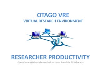 OTAGO VRE
       VIRTUAL RESEARCH ENVIRONMENT




RESEARCHER PRODUCTIVITY
 Open source code base platform built on top of SharePoint 2010 features.
 