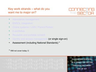 Key work strands – what do you want me to major on? Attendance management  ENROL Integration Online systems / LMS / Parent Portals E-portfolios Reusable and portable content Identity and access management  (or single sign-on) Assessment (including National Standards) * *  Will not cover today   