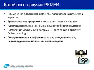 Какой опыт получил PFIZER
• Применение опросников Хоган при планировании развития и
карьеры
• Брендирование программ и коммуникационных планов
• Адаптация предложений рынка под потребности компании
• Построение модульных программ и внедрение в практику
Action Learning
• Сотрудничество с профессионалами, сподвижниками,
неравнодушными и талантливыми людьми!
 