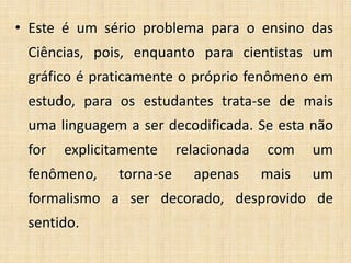 • Este é um sério problema para o ensino das
Ciências, pois, enquanto para cientistas um
gráfico é praticamente o próprio fenômeno em
estudo, para os estudantes trata-se de mais
uma linguagem a ser decodificada. Se esta não
for explicitamente relacionada com um
fenômeno, torna-se apenas mais um
formalismo a ser decorado, desprovido de
sentido.
 