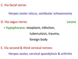 C. Via facial nerve:
Herpes zoster oticus, vestibular schwannoma

D. Via vagus nerve:

Larynx

+ hypopharynx: neoplasm, infection,

tuberculosis, trauma,
foreign body

E. Via second & third cervical nerves:
Herpes zoster, cervical spondylosis & arthritis

 