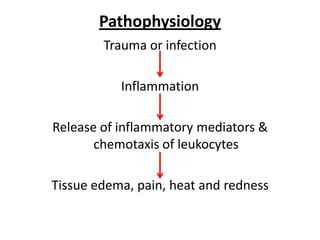 Pathophysiology
Trauma or infection

Inflammation
Release of inflammatory mediators &
chemotaxis of leukocytes
Tissue edema, pain, heat and redness

 