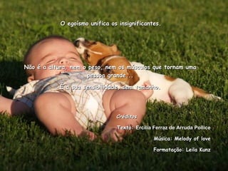 O egoísmo unifica os insignificantes.  Não é a altura, nem o peso, nem os músculos que tornam uma pessoa grande... É a sua sensibilidade, sem tamanho. Créditos Texto:  Ercília Ferraz de Arruda Pollice   Música: Melody of love Formatação: Leila Kunz 