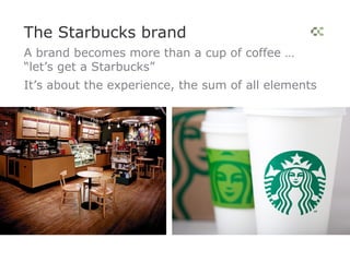 The Starbucks brand
A brand becomes more than a cup of coffee …
“let’s get a Starbucks”
It’s about the experience, the sum of all elements
 