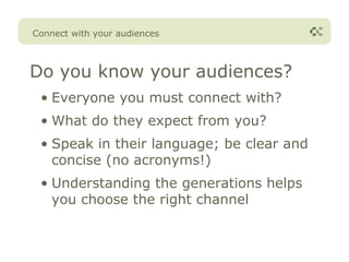 Connect with your audiences



Do you know your audiences?
 • Everyone you must connect with?
 • What do they expect from you?
 • Speak in their language; be clear and
   concise (no acronyms!)
 • Understanding the generations helps
   you choose the right channel
 