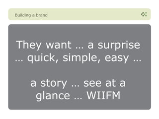 Building a brand




They want … a surprise
… quick, simple, easy …

       a story … see at a
        glance … WIIFM
 