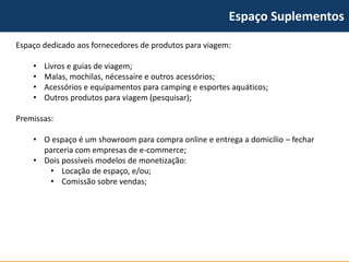 Espaço Suplementos 
Espaço dedicado aos fornecedores de produtos para viagem: 
•Livros e guias de viagem; 
•Malas, mochilas, nécessaire e outros acessórios; 
•Acessórios e equipamentos para camping e esportes aquáticos; 
•Outros produtos para viagem (pesquisar); 
Premissas: 
•O espaço é um showroom para compra online e entrega a domicílio –fechar parceria com empresas de e-commerce; 
•Dois possíveis modelos de monetização: 
•Locação de espaço, e/ou; 
•Comissão sobre vendas;  