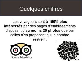 Les voyageurs sont à 150% plus
intéressés par des pages d’établissements
disposant d’au moins 20 photos que par
celles n’en proposant qu’un nombre
restreint
Quelques chiffres
Source Tripadvisor
 