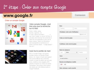 1er   étape : Créer son compte Google
www.google.fr
 