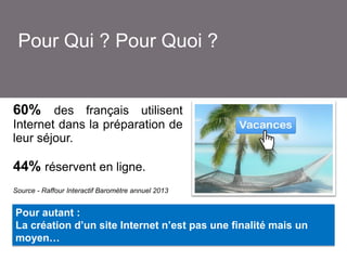 Pour Qui ? Pour Quoi ?

60% des français utilisent
Internet dans la préparation de
leur séjour.

44% réservent en ligne.
Source - Raffour Interactif Baromètre annuel 2013

Pour autant :
La création d’un site Internet n’est pas une finalité mais un
moyen…

 