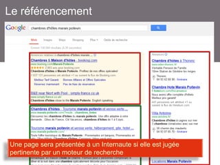 Le référencement

Une page sera présentée à un Internaute si elle est jugée
pertinente par un moteur de recherche

 