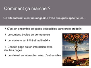 Comment ça marche ?
Un site Internet c’est un magasine avec quelques spécificités…

C’est un ensemble de pages accessibles sans ordre prédéfini
 Le contenu évolue en permanence
 Le contenu est infini et multimédia
 Chaque page est en interaction avec
d’autres pages
 Le site est en interaction avec d’autres sites

 