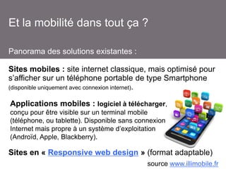 Et la mobilité dans tout ça ?
Panorama des solutions existantes :
Sites mobiles : site internet classique, mais optimisé p...