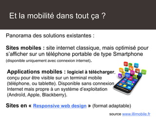 Et la mobilité dans tout ça ?
Panorama des solutions existantes :
Sites mobiles : site internet classique, mais optimisé pour
s’afficher sur un téléphone portable de type Smartphone
(disponible uniquement avec connexion internet).
Sites en « Responsive web design » (format adaptable)
source www.illimobile.fr
Applications mobiles : logiciel à télécharger,
conçu pour être visible sur un terminal mobile
(téléphone, ou tablette). Disponible sans connexion
Internet mais propre à un système d’exploitation
(Androïd, Apple, Blackberry).
 