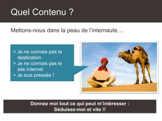 Quel Contenu ?
Mettons-nous dans la peau de l’internaute…
> Je ne connais pas la
destination
> Je ne connais pas le
site Internet
> Je suis pressée !
Donnez moi tout ce qui peut m’intéresser :
Séduisez-moi et vite !!
 
