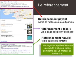 Le référencement
Une page sera présentée à un
Internaute si elle est jugée
pertinente par un moteur de
recherche
Référencement payant
Achat de mots clés au coût par clic
Référencement « local »
Via la page google my business
Référencement naturel
Via la qualité du contenu
 