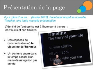 Présentation de la page
Il y a plus d’un an … (février 2012), Facebook lançait sa nouvelle
Timeline, une toute nouvelle présentation
L’identité de l’entreprise est à l’honneur à travers :
les visuels et son histoire.
 Des espaces de
communication où le
visuel est à l’honneur
 Un contenu ancré dans
le temps assorti d’un
menu de navigation par
année

 