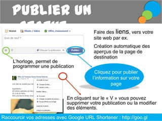Publier un
statut
L’horloge, permet de
programmer une publication

Faire des liens, vers votre
site web par ex.
Création automatique des
aperçus de la page de
destination
Cliquez pour publier
l’information sur votre
page

En cliquant sur le « V » vous pouvez
supprimer votre publication ou la modifier
des éléments.
Raccourcir vos adresses avec Google URL Shortener : http://goo.gl

 