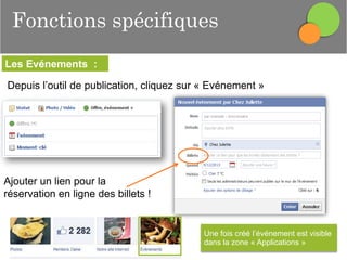 Fonctions spécifiques
Les Evénements :
Depuis l’outil de publication, cliquez sur « Evénement »

Ajouter un lien pour la
réservation en ligne des billets !

Une fois créé l’événement est visible
dans la zone « Applications »

 