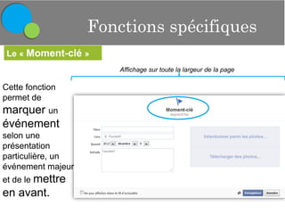 Fonctions spécifiques
Le « Moment-clé »
Affichage sur toute la largeur de la page

Cette fonction
permet de

marquer un
événement
selon une
présentation
particulière, un
événement majeur
et de le mettre

en avant.

 