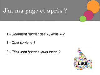 Créeret après ?
sa page
J’ai ma page
professionnelle
1 - Comment gagner des « j’aime » ?
2 - Quel contenu ?
3 - Elles sont bonnes leurs idées ?

 