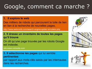 Google, comment ca marche ?
1. Il explore le web
Des milliers de robots qui parcourent la toile de lien
en lien à la recherche de nouvelles pages.
http://www.webconfs.com/search-engine-spider-simulator.php
2. Il dresse un inventaire de toutes les pages
qu’il trouve
On dit qu’une page trouvée par les robots Google
est indexée.
site:www.votresite.com
3. Il sélectionne les pages qui lui semble
pertinentes
par rapport aux mots-clés saisis par les internautes
dans les recherches.
 