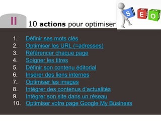 1. Définir ses mots clés
2. Optimiser les URL (=adresses)
3. Référencer chaque page
4. Soigner les titres
5. Définir son contenu éditorial
6. Insérer des liens internes
7. Optimiser les images
8. Intégrer des contenus d’actualités
9. Intégrer son site dans un réseau
10. Optimiser votre page Google My Business
10 actions pour optimiser
 