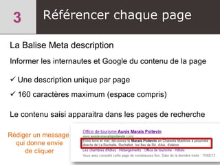 Référencer chaque page
La Balise Meta description
Informer les internautes et Google du contenu de la page
 Une description unique par page
 160 caractères maximum (espace compris)
Le contenu saisi apparaitra dans les pages de recherche
Rédiger un message
qui donne envie
de cliquer
 