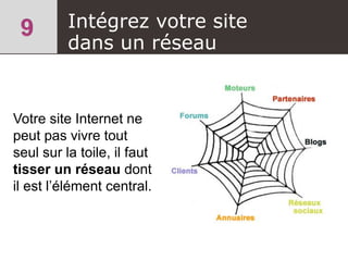 Intégrez votre site
dans un réseau
Votre site Internet ne
peut pas vivre tout
seul sur la toile, il faut
tisser un réseau dont
il est l’élément central.
 