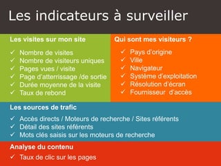 Un(toutpetit) peu de technique…Les indicateurs à surveiller
Les visites sur mon site
 Nombre de visites
 Nombre de visiteurs uniques
 Pages vues / visite
 Page d’atterrissage /de sortie
 Durée moyenne de la visite
 Taux de rebond
Qui sont mes visiteurs ?
 Pays d’origine
 Ville
 Navigateur
 Système d’exploitation
 Résolution d’écran
 Fournisseur d’accès
Les sources de trafic
 Accès directs / Moteurs de recherche / Sites référents
 Détail des sites référents
 Mots clés saisis sur les moteurs de recherche
Analyse du contenu
 Taux de clic sur les pages
 